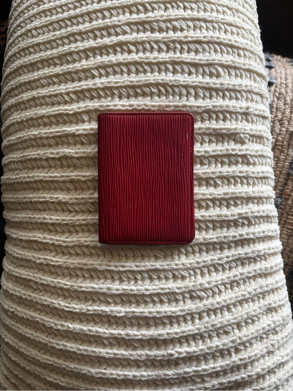 Red Textured Leather Card Holder with Embossed Monogram